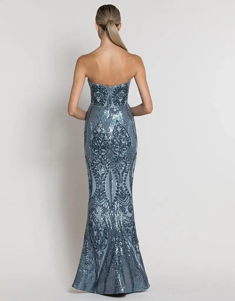 Bariano Maia Strapless Pattern Sequin Gown In Antique Blue Size 10 - Image 2