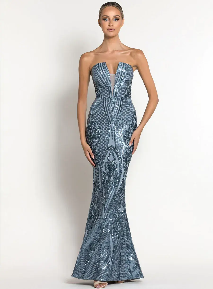 Bariano Maia Strapless Pattern Sequin Gown In Antique Blue Size 10 - Image 1