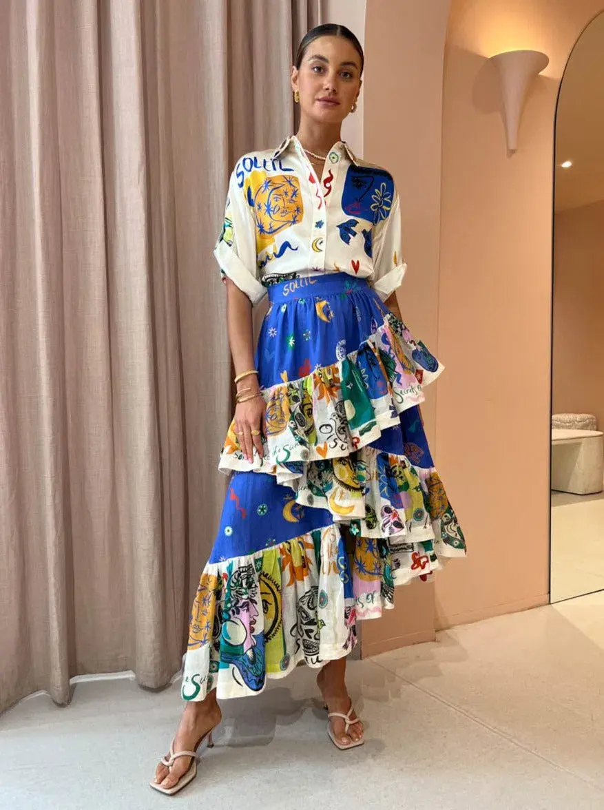 Alemais Soleil Oversized Silk Top Size 12 and Ruffle Skirt Set Multi Size 14  - Image 2