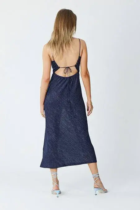 Suboo Asha Lurex Jersey Twist Front Slip Midi Dress Navy Size 6 for rent on The Volte - main image