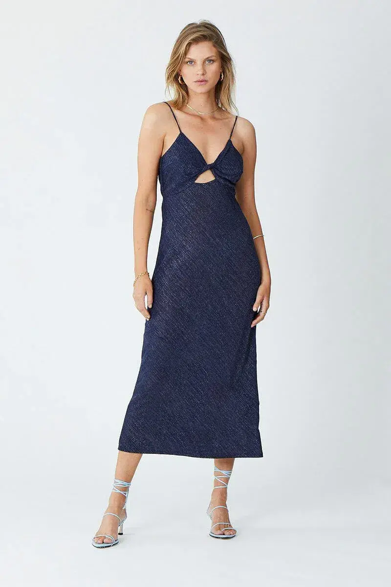 Suboo Asha Lurex Jersey Twist Front Slip Midi Dress Navy Size 6 - Image 1