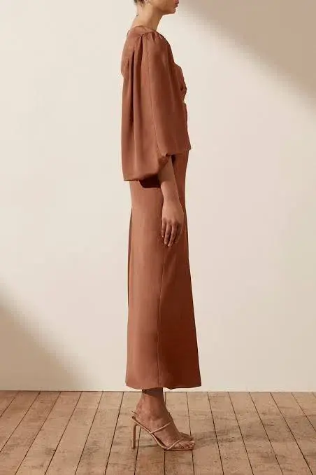 Shona Joy Luxe Twist Front Balloon Sleeve Midi Dress Brown Size 6 / XS - Image 3