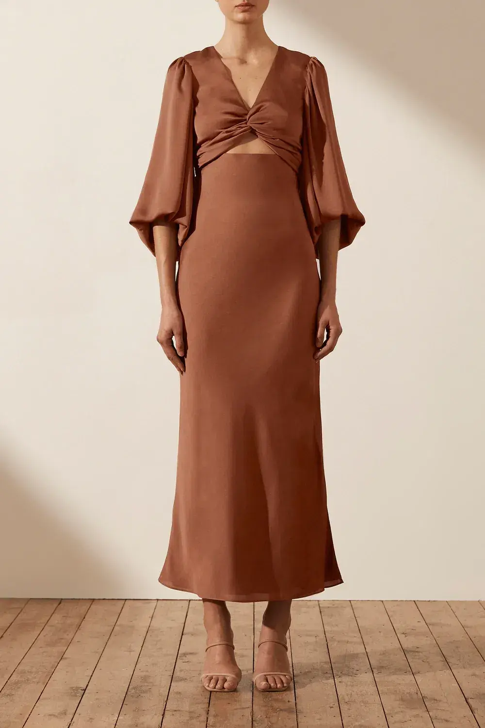 Shona Joy Luxe Twist Front Balloon Sleeve Midi Dress Brown Size 6 / XS - Image 2
