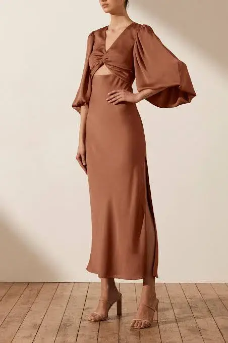 Shona Joy Luxe Twist Front Balloon Sleeve Midi Dress Brown Size 6 / XS - Image 1