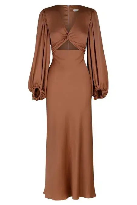 Shona Joy Luxe Twist Front Balloon Sleeve Midi Dress Brown Size 6 / XS - Image 4