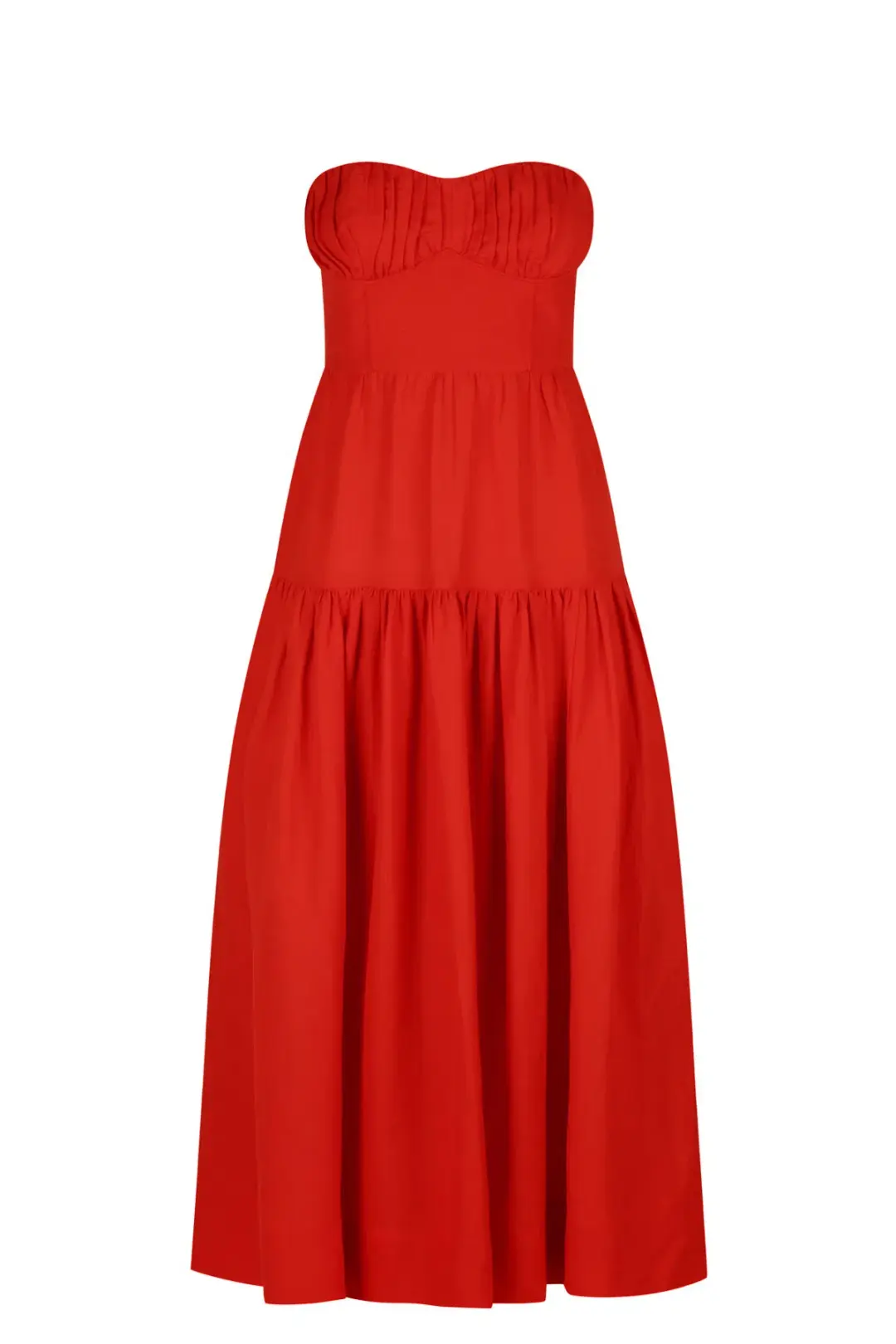 Shona Joy Jules Linen Strapless Ruched Midi Dress in Lipstick Red Size 8 / S for rent on The Volte - main image