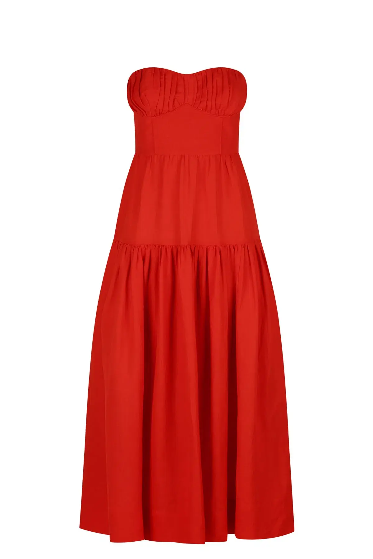 Shona Joy Jules Linen Strapless Ruched Midi Dress in Lipstick Red Size 8 / S - Image 3