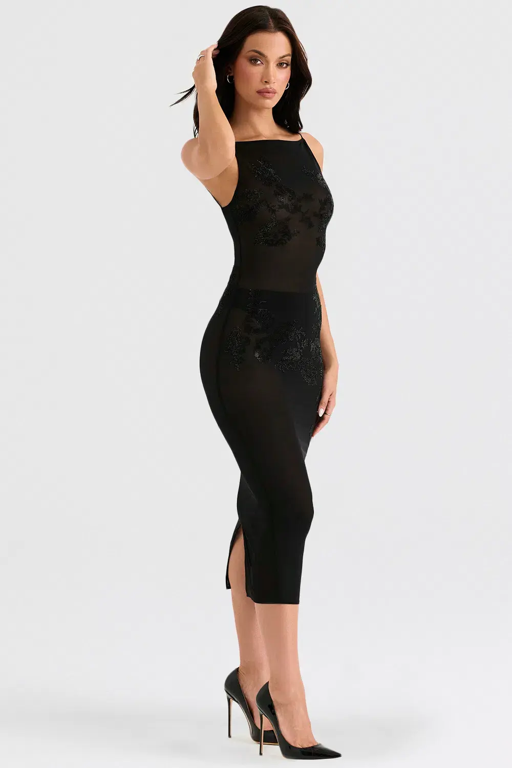 House of CB Amirah Mesh Crystal Embellished Midi Dress Black Size XS / Au 6 - Image 2