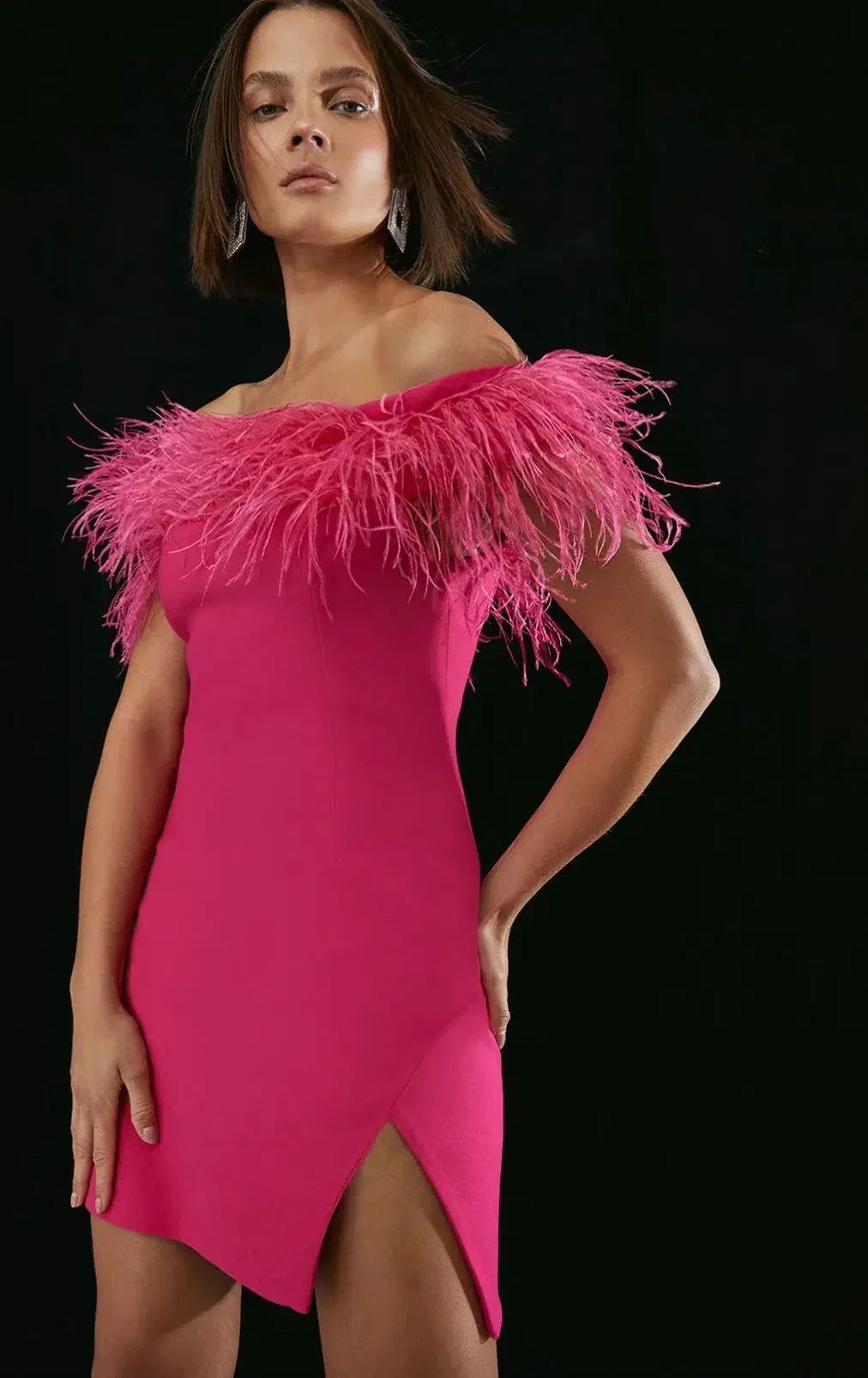 Karen Millen Compact Stretch Feather Bardot Mini Dress Pink Size 10 - Image 1