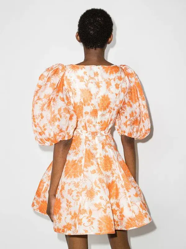 Zimmermann Postcard Puff Sleeve Flared Mini Dress Orange Tonal Floral AU14 (22:11) for rent on The Volte - main image