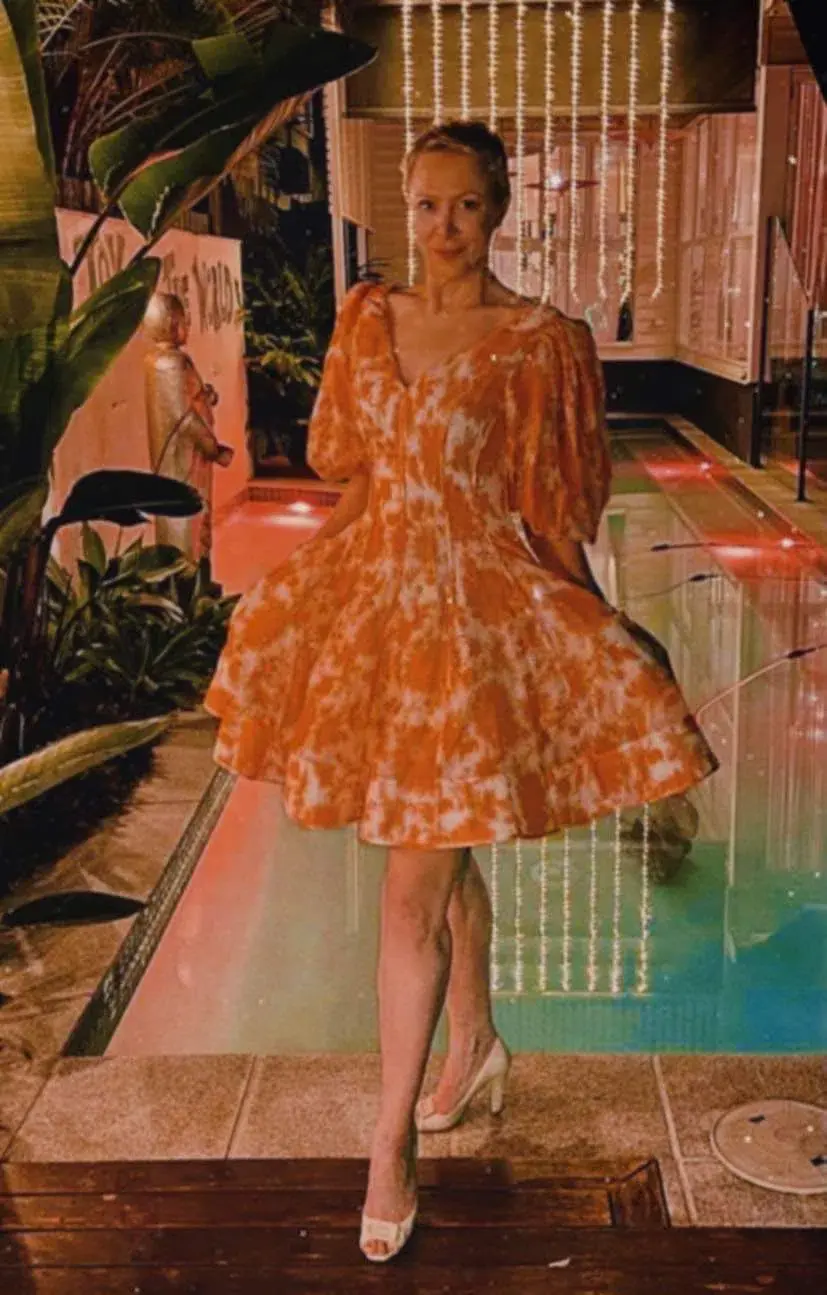 Zimmermann Postcard Puff Sleeve Flared Mini Dress Orange Tonal Floral AU14 (22:11) - Image 2