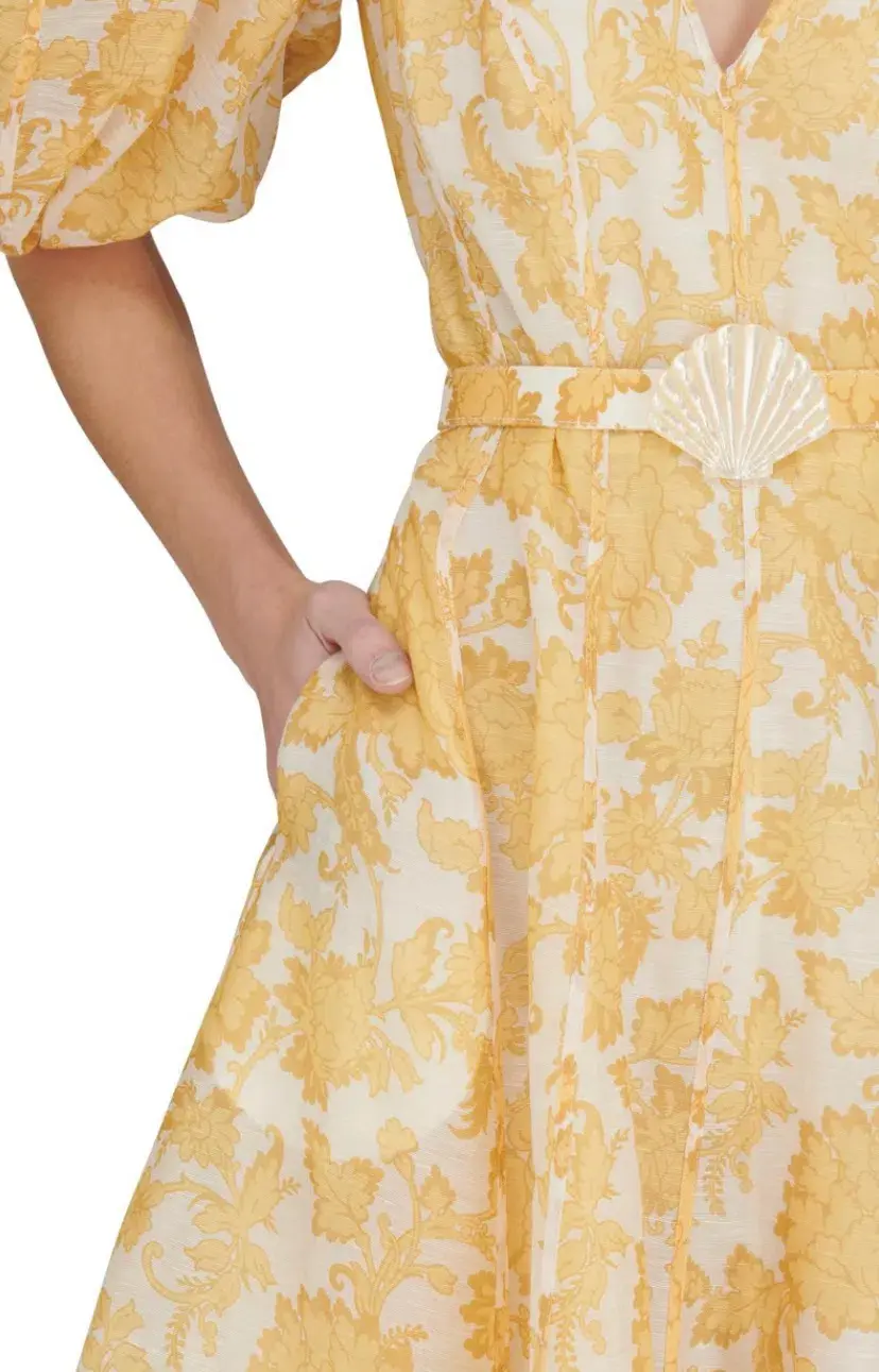 Zimmermann Postcard Puff Sleeve Midi Dress in Yellow AU14 (22:12) for rent on The Volte - main image