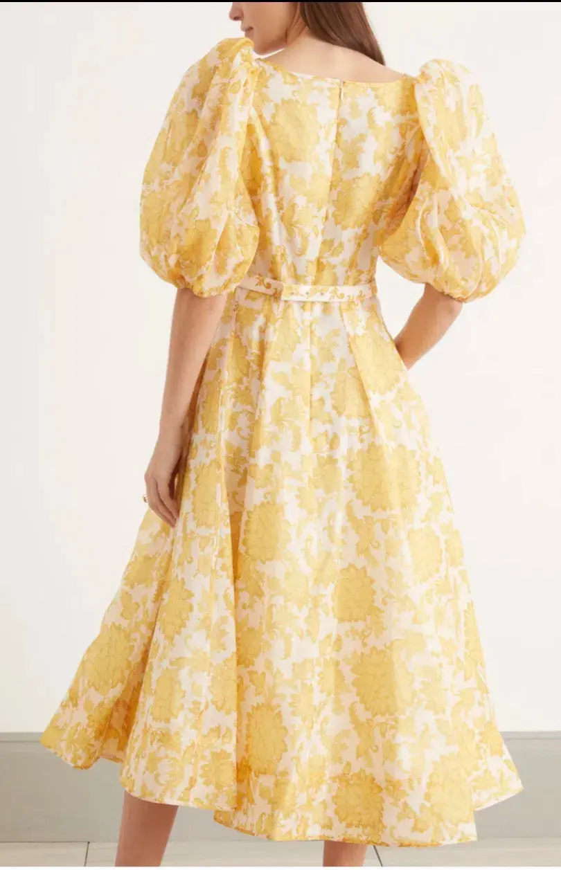 Zimmermann Postcard Puff Sleeve Midi Dress in Yellow AU14 (22:12) for rent on The Volte - main image
