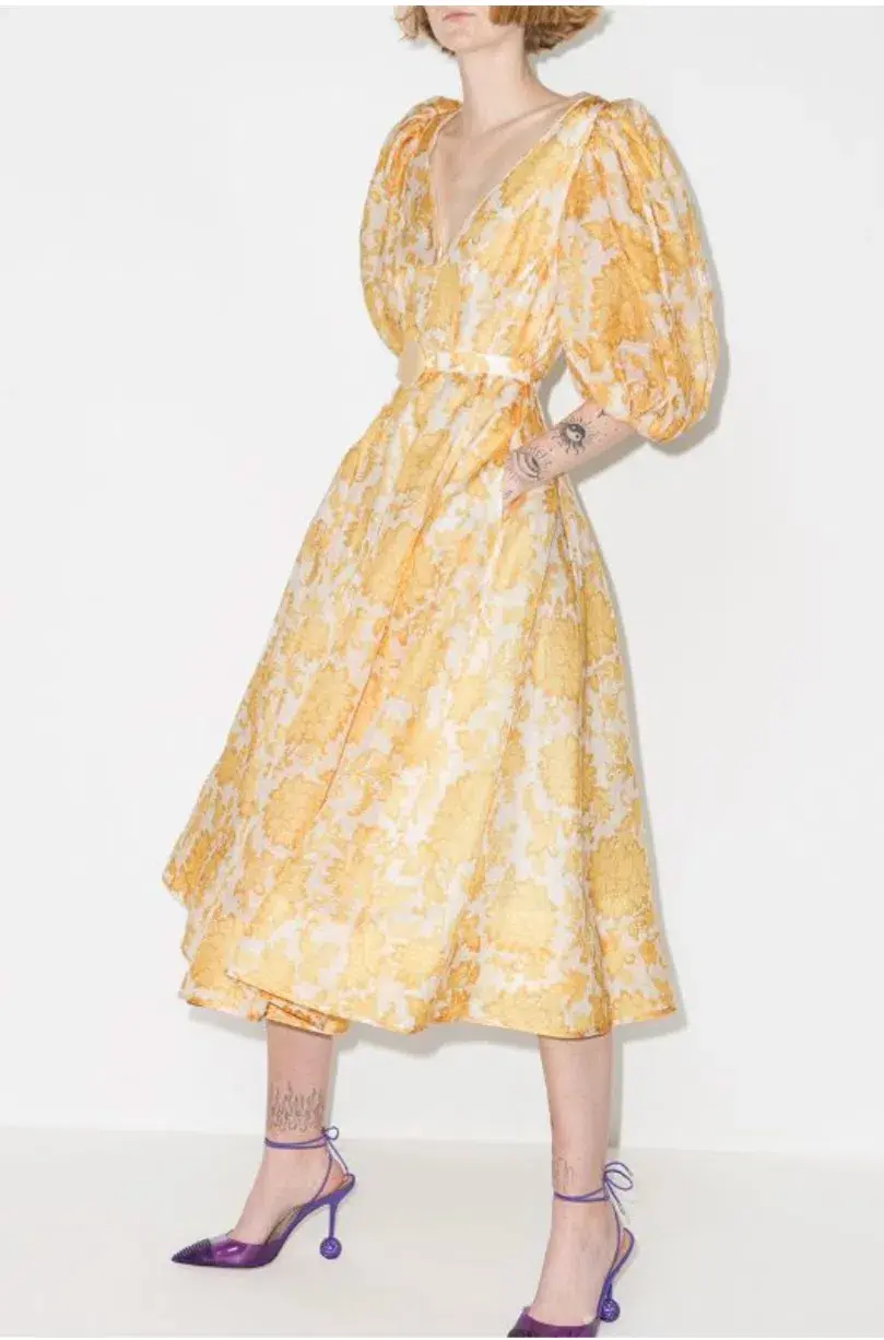 Zimmermann Postcard Puff Sleeve Midi Dress in Yellow AU14 (22:12) for rent on The Volte - main image