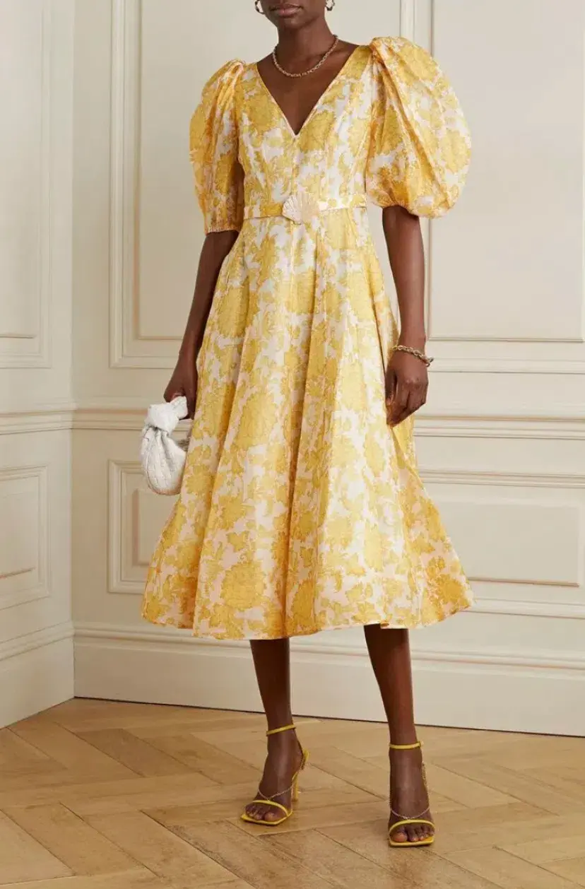 Zimmermann Postcard Puff Sleeve Midi Dress in Yellow AU14 (22:12) for rent on The Volte - main image