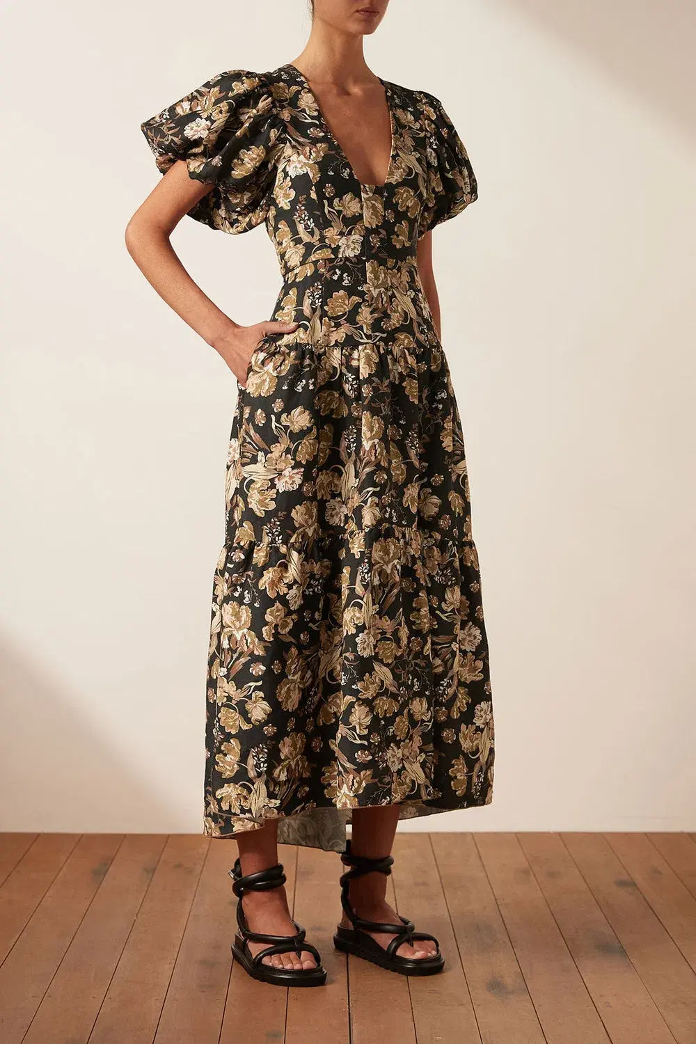 Shona Joy Linen Plunged Short Sleeve Midi Dress Palermo Print Size 12 - Image 2