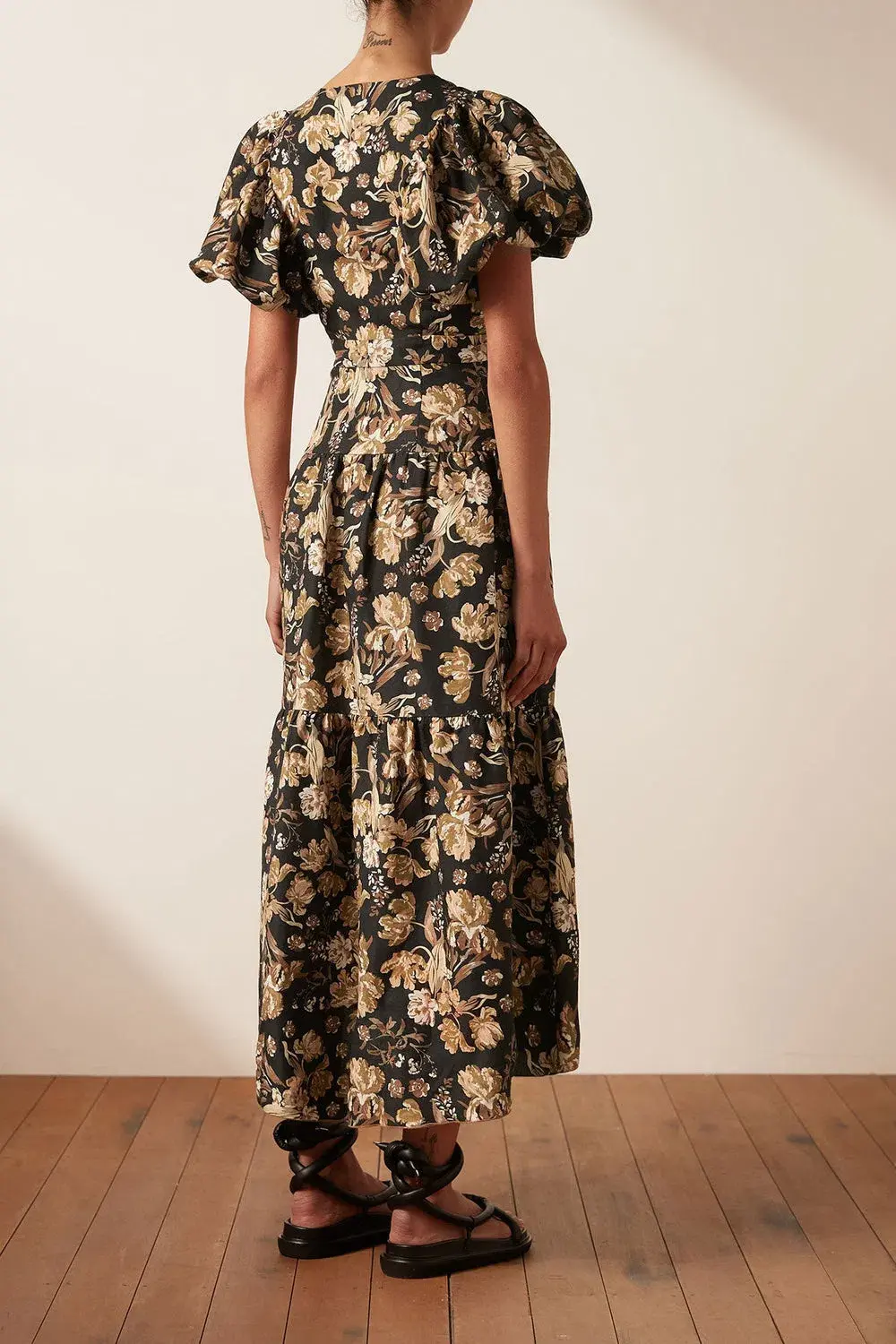 Shona Joy Linen Plunged Short Sleeve Midi Dress Palermo Print Size 12 - Image 3