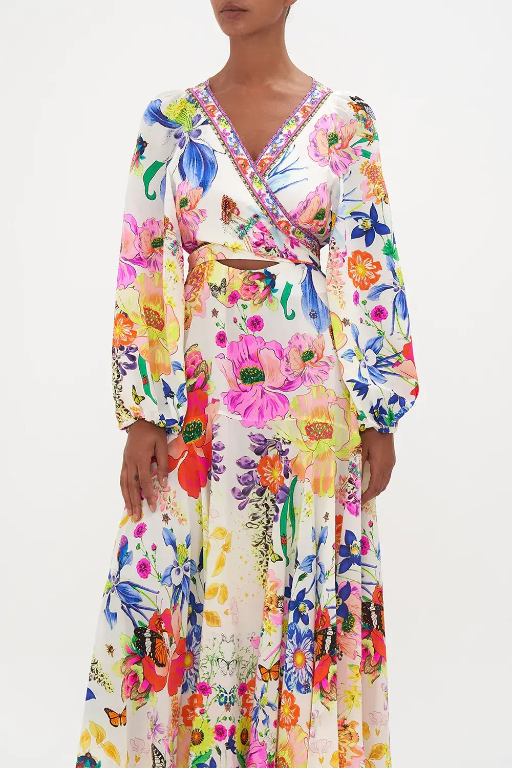 Camilla Wrap Tie Dress With Blouson Sleeve Fairy Gang Floral Size L/ Au 14 - Image 4