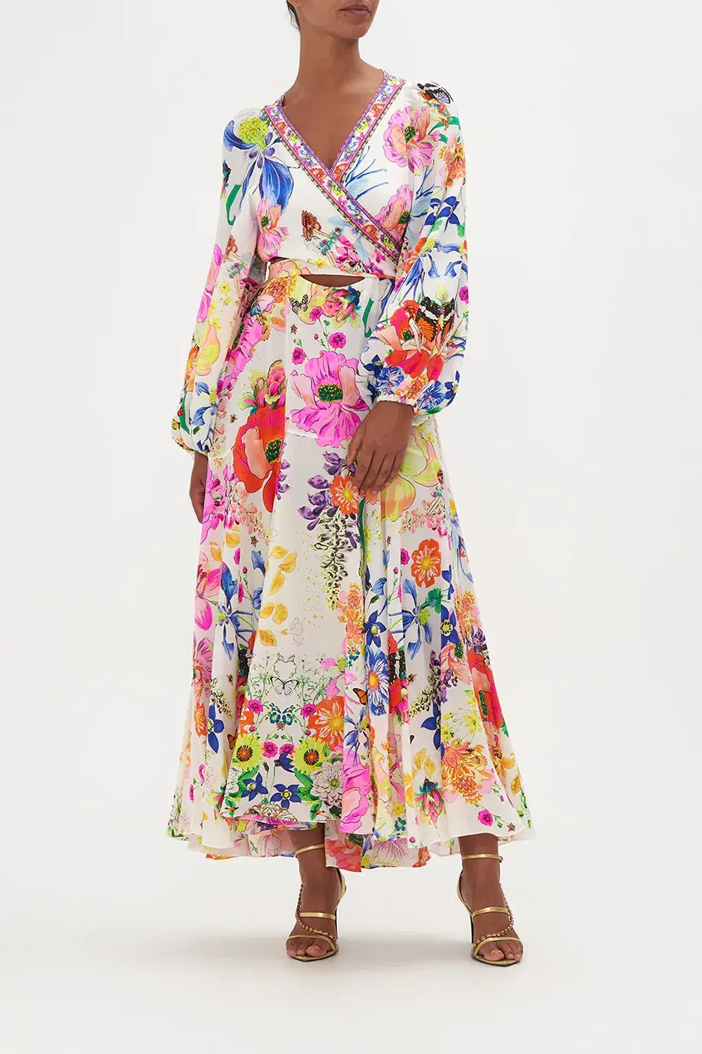 Camilla Wrap Tie Dress With Blouson Sleeve Fairy Gang Floral Size L/ Au 14 - Image 2
