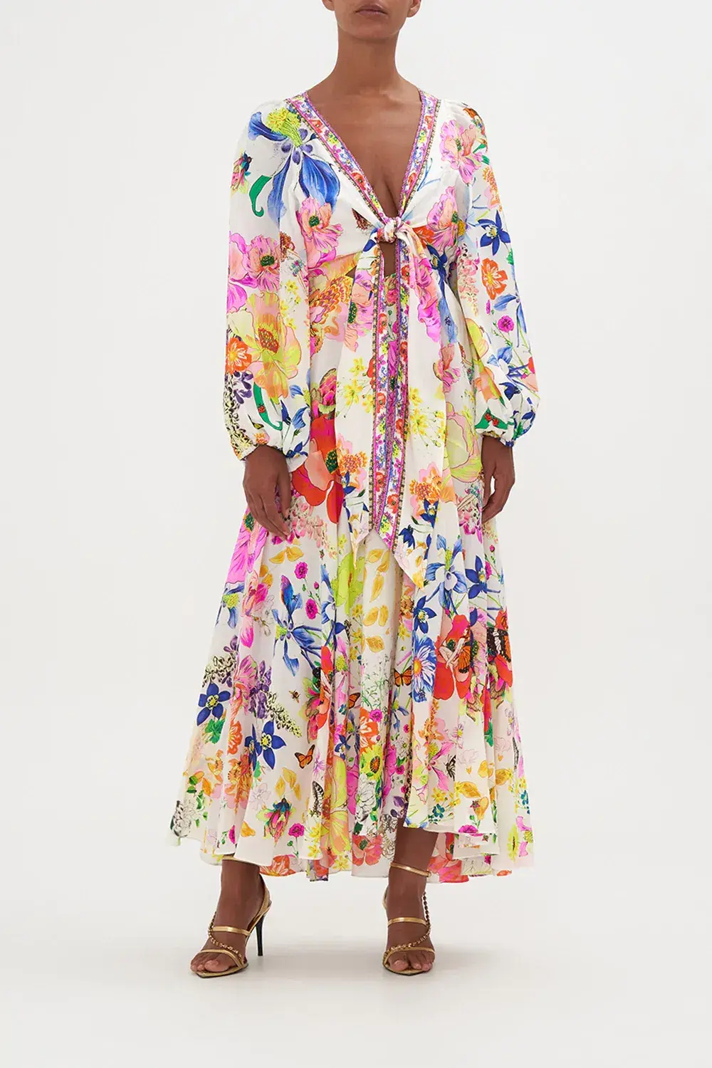Camilla Wrap Tie Dress With Blouson Sleeve Fairy Gang Floral Size L/ Au 14 - Image 1