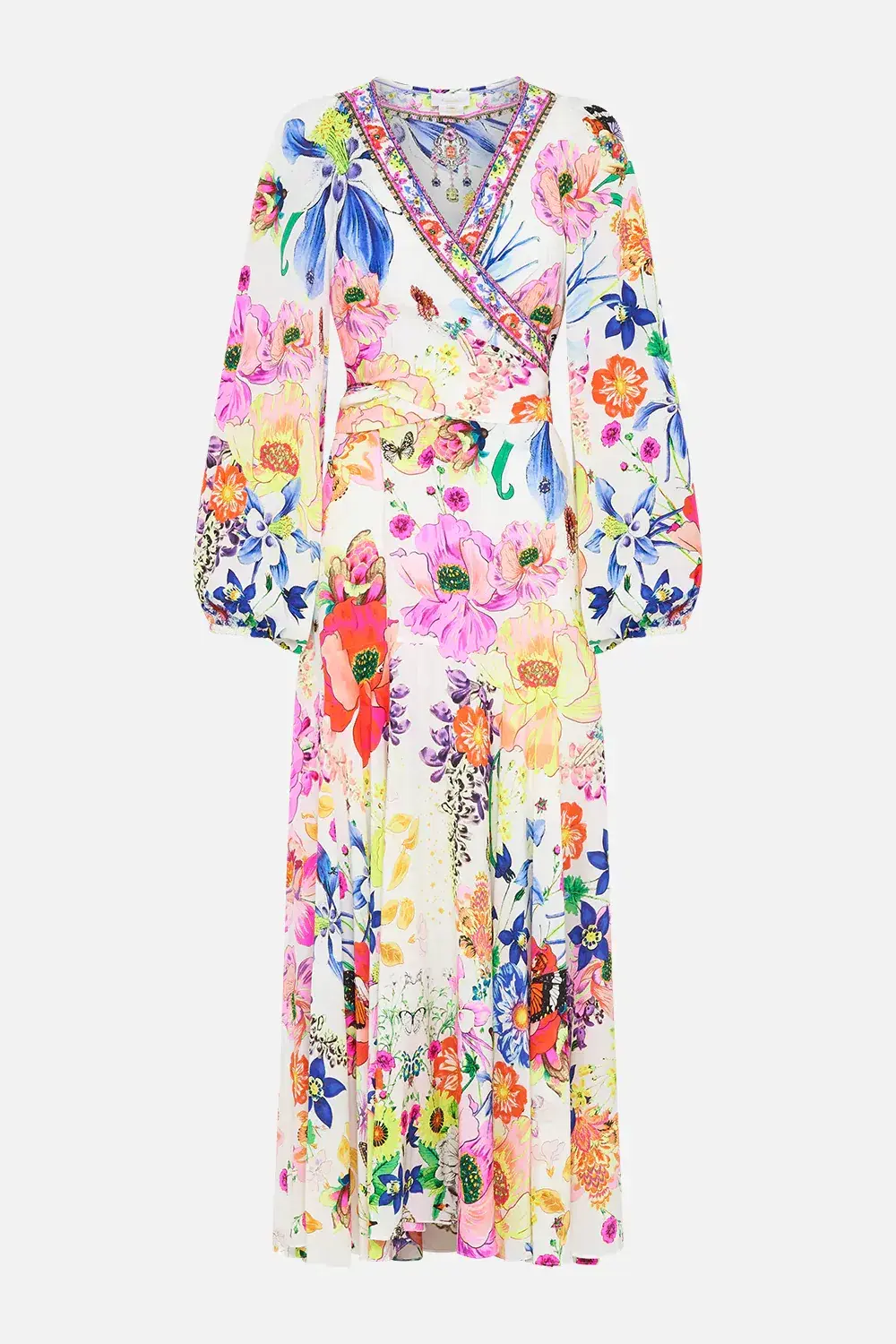 Camilla Wrap Tie Dress With Blouson Sleeve Fairy Gang Floral Size L/ Au 14 for rent on The Volte - main image
