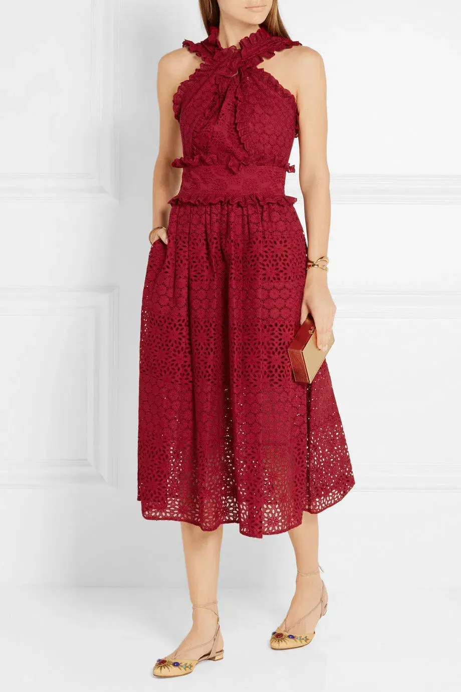 Oscar De La Renta Eyelet Broderie Anglaise Cotton Midi Dress Red Size 8/AU 12 - Image 1