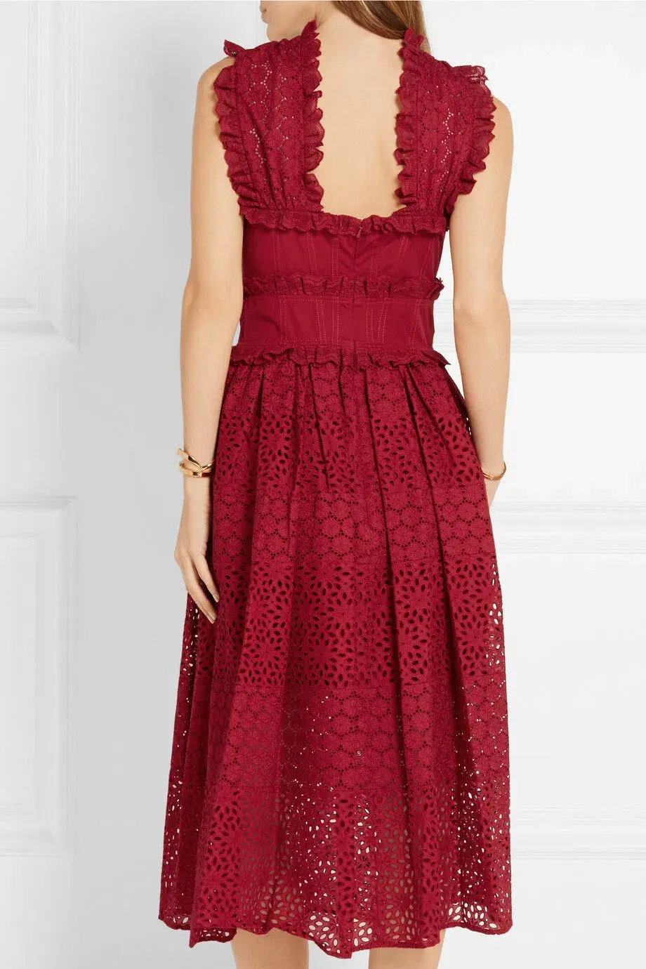 Oscar De La Renta Eyelet Broderie Anglaise Cotton Midi Dress Red Size 8/AU 12 - Image 2