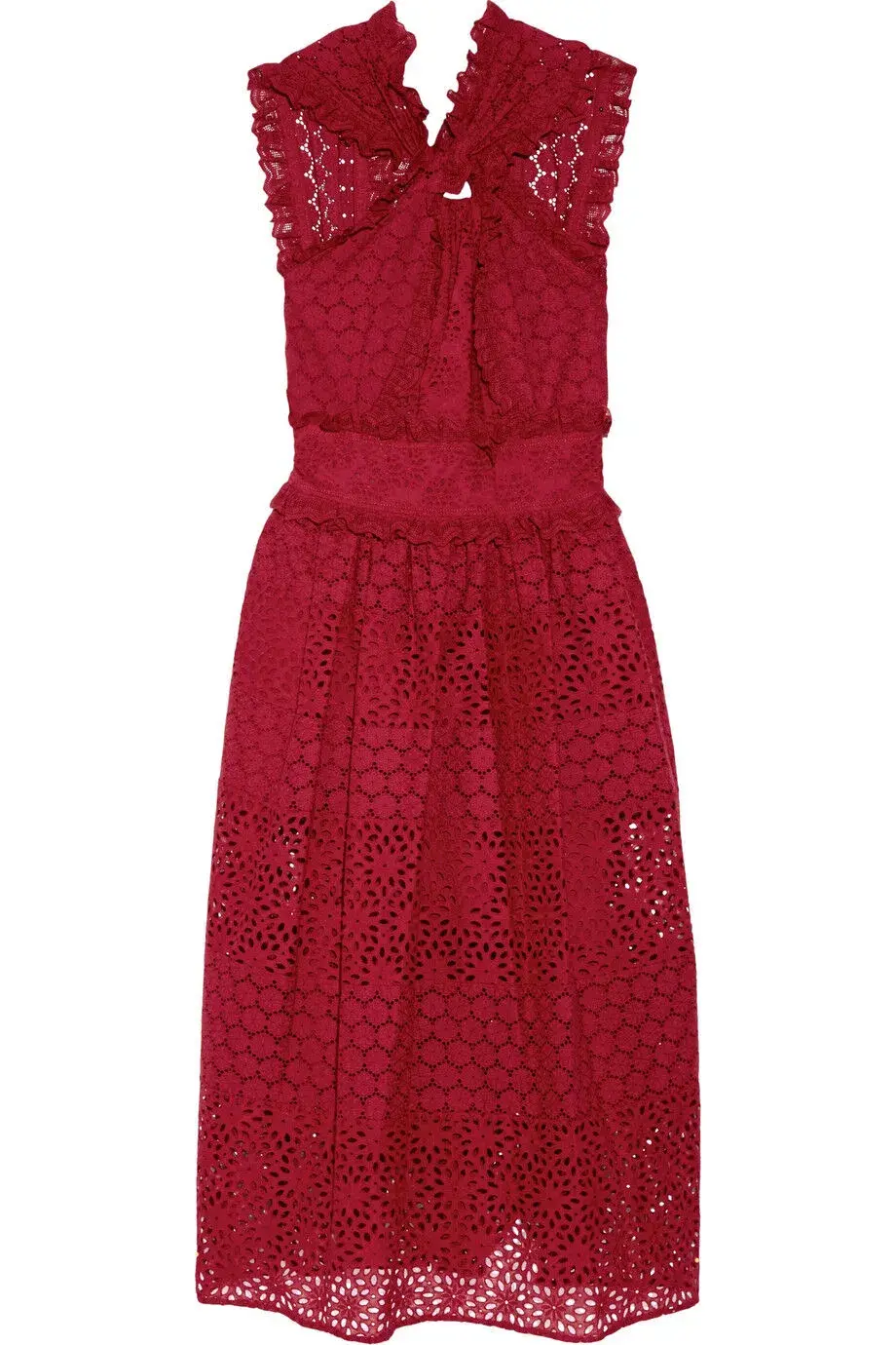 Oscar De La Renta Eyelet Broderie Anglaise Cotton Midi Dress Red Size 8/AU 12 - Image 3