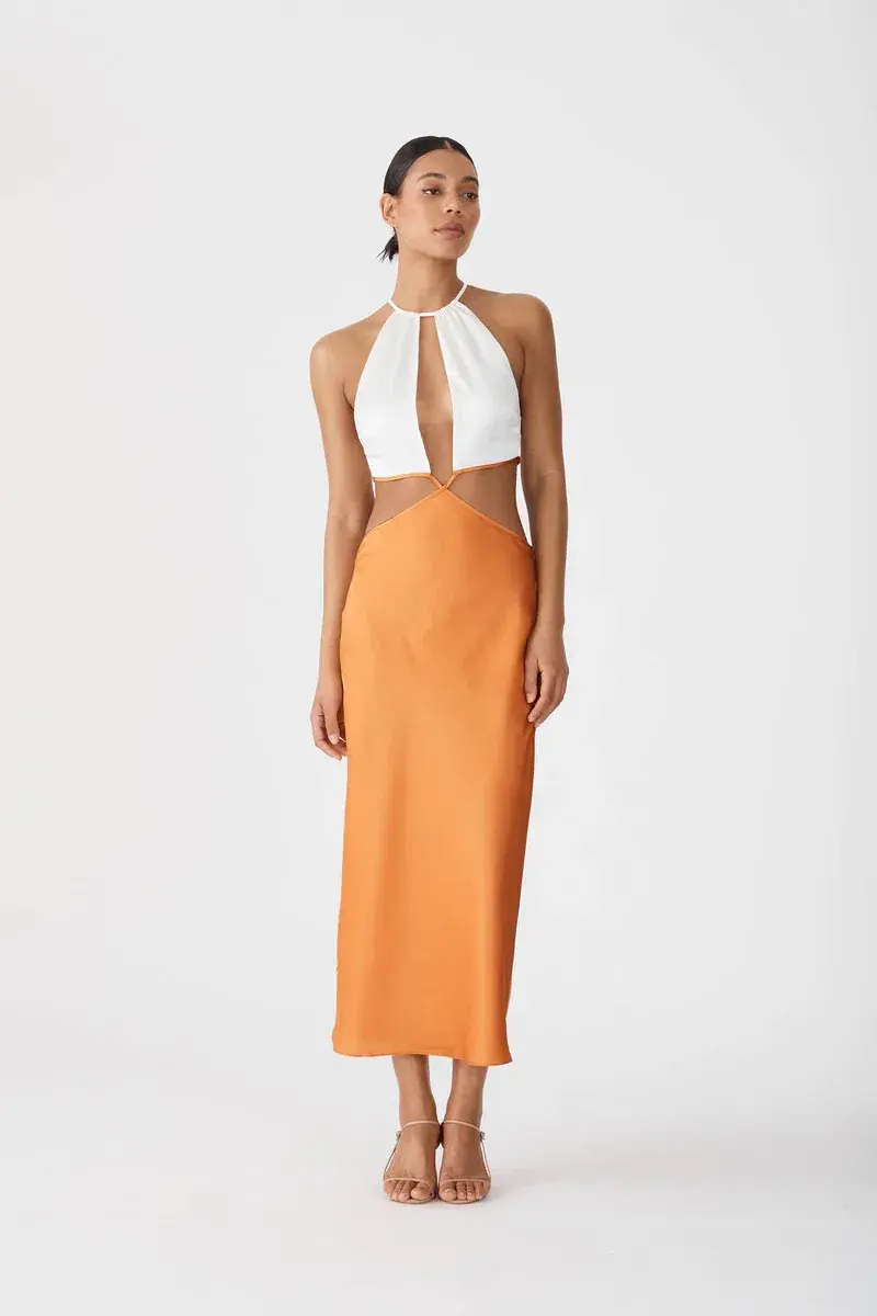 San Sloane Jasmine Midi Dress Orange/White Size 6 - Image 3