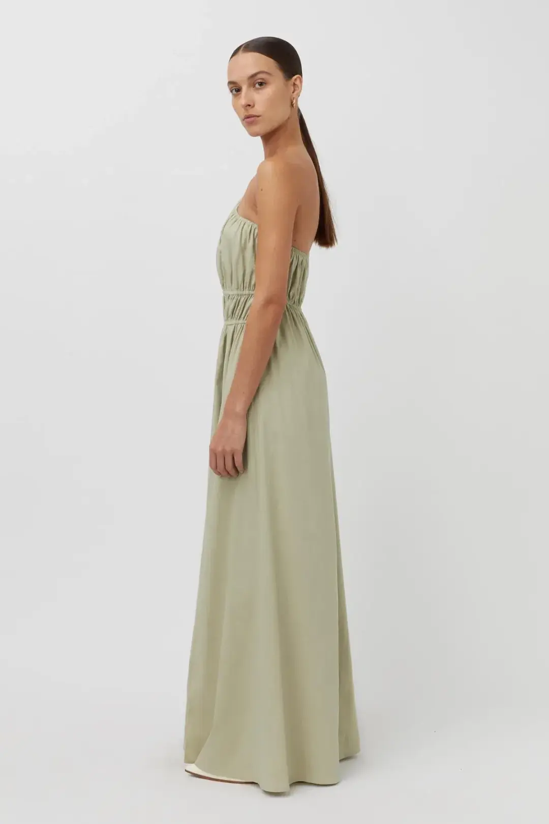 Camilla And Marc Sevilla Asymmetric One Shoulder Linen Maxi Dress In Oregano Green Size 12  for rent on The Volte - main image