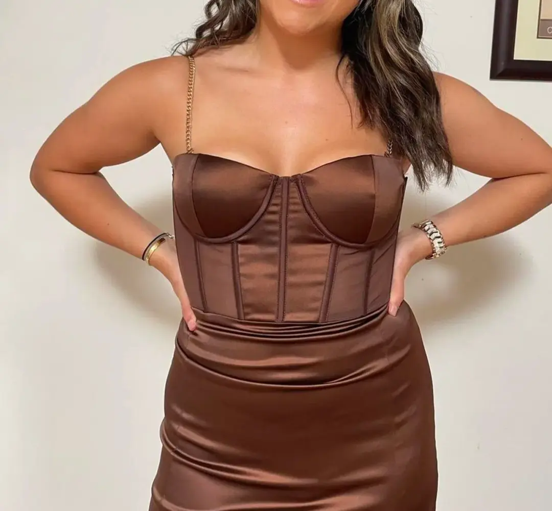 Meshki Talisa Chain Strap Midi Dress Brown Size M / Au 10 for rent on The Volte - main image