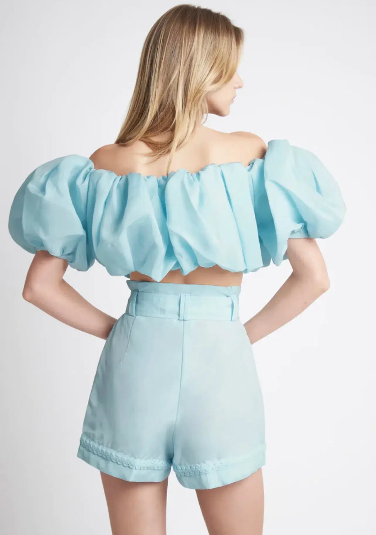 Aje Riviera Off Shoulder Tube Silk Top Size 6 and Braided Silk Short Size 10 Set Ice Blue - Image 3