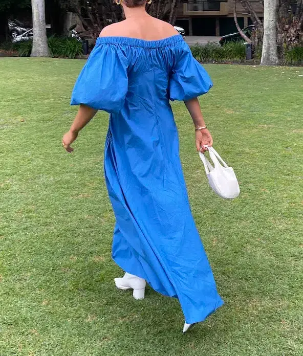 Scanlan Theodore Off Shoulder Cotton Poplin Gathered Pocket Dress Blue Size 10 / M - Image 2