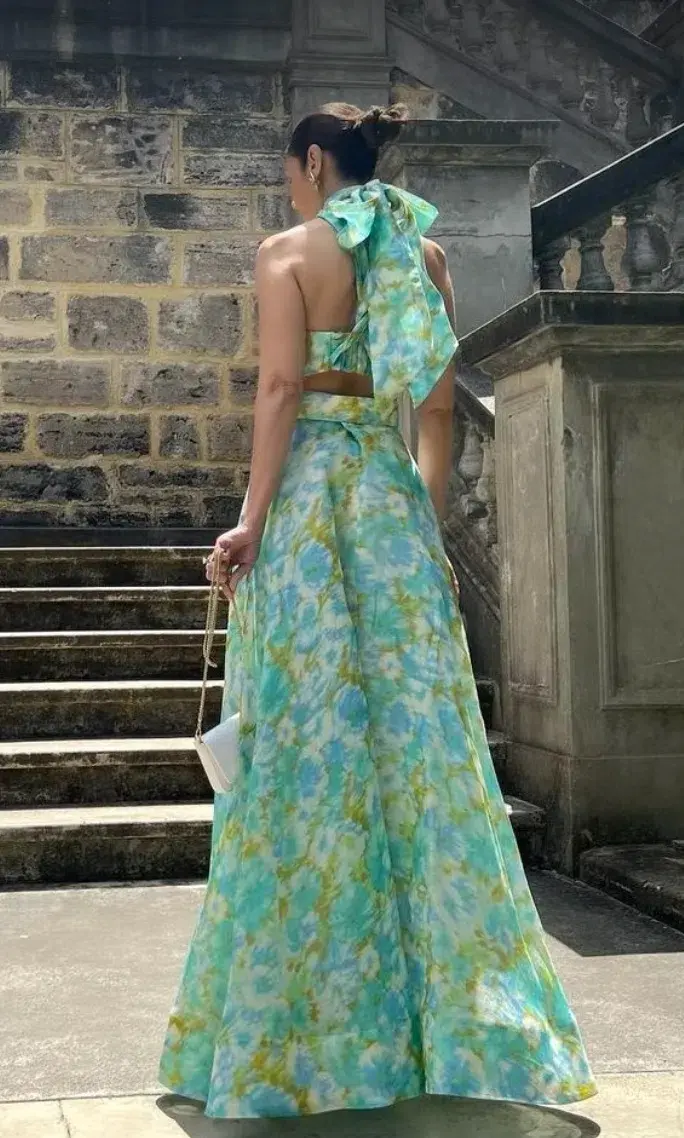 Zimmermann High Tide Twist Crop Bodice & Maxi Skirt Set Aqua Ikat Floral  Size 0P/ AU 6 - Image 5