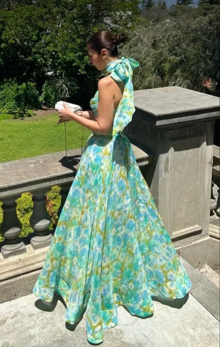 Zimmermann High Tide Twist Crop Bodice & Maxi Skirt Set Aqua Ikat Floral  Size 0P/ AU 6 - Image 4