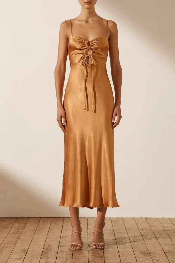 Shona joy Alma Lace Up Midi Dress Tumeric Size 8 for rent on The Volte - main image