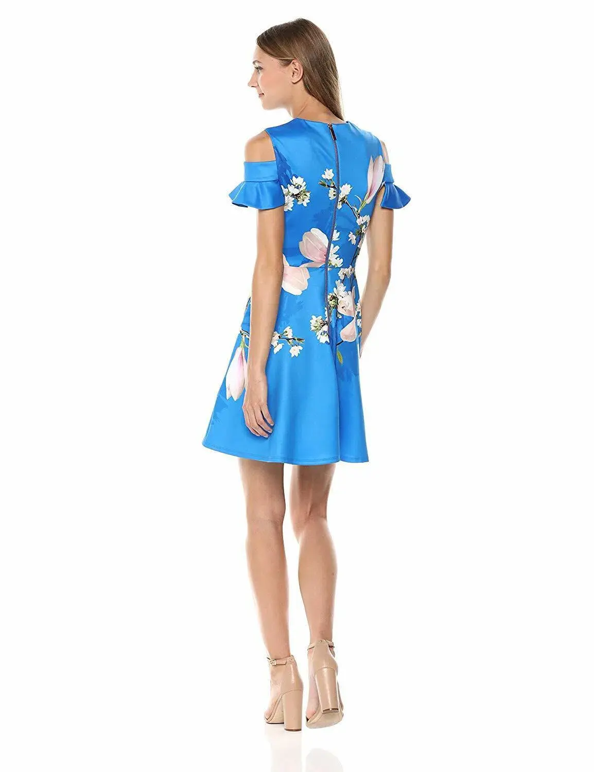 Ted Baker Cold Shoulder Skater Dress in Harmony Blue Floral Size 1/Au 8 - Image 2