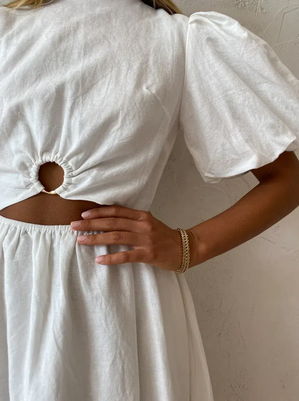 By Nicola Dahlia Ring Detail Maxi Dress in White Size 8 for rent on The Volte - main image