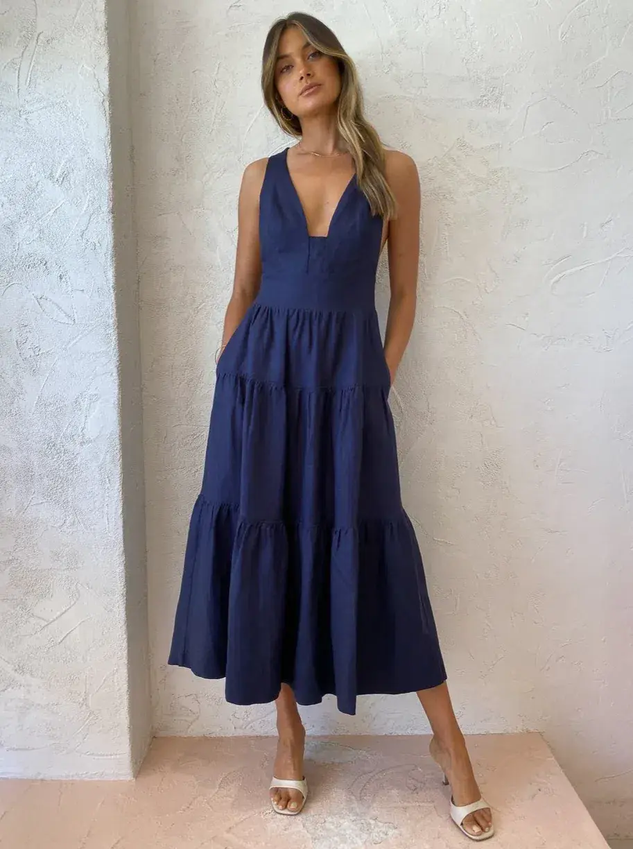 Shona Joy Ligia Linen Plunged Cross back Midi Dress Navy Size 8 for rent on The Volte - main image
