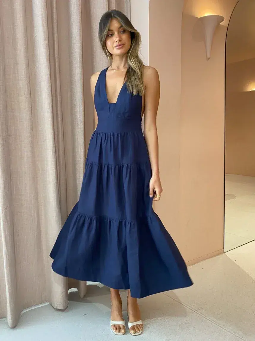 Shona Joy Ligia Linen Plunged Cross back Midi Dress Navy Size 8 for rent on The Volte - main image