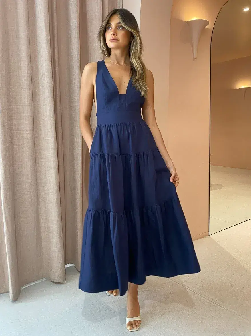 Shona Joy Ligia Linen Plunged Cross back Midi Dress Navy Size 8 for rent on The Volte - main image