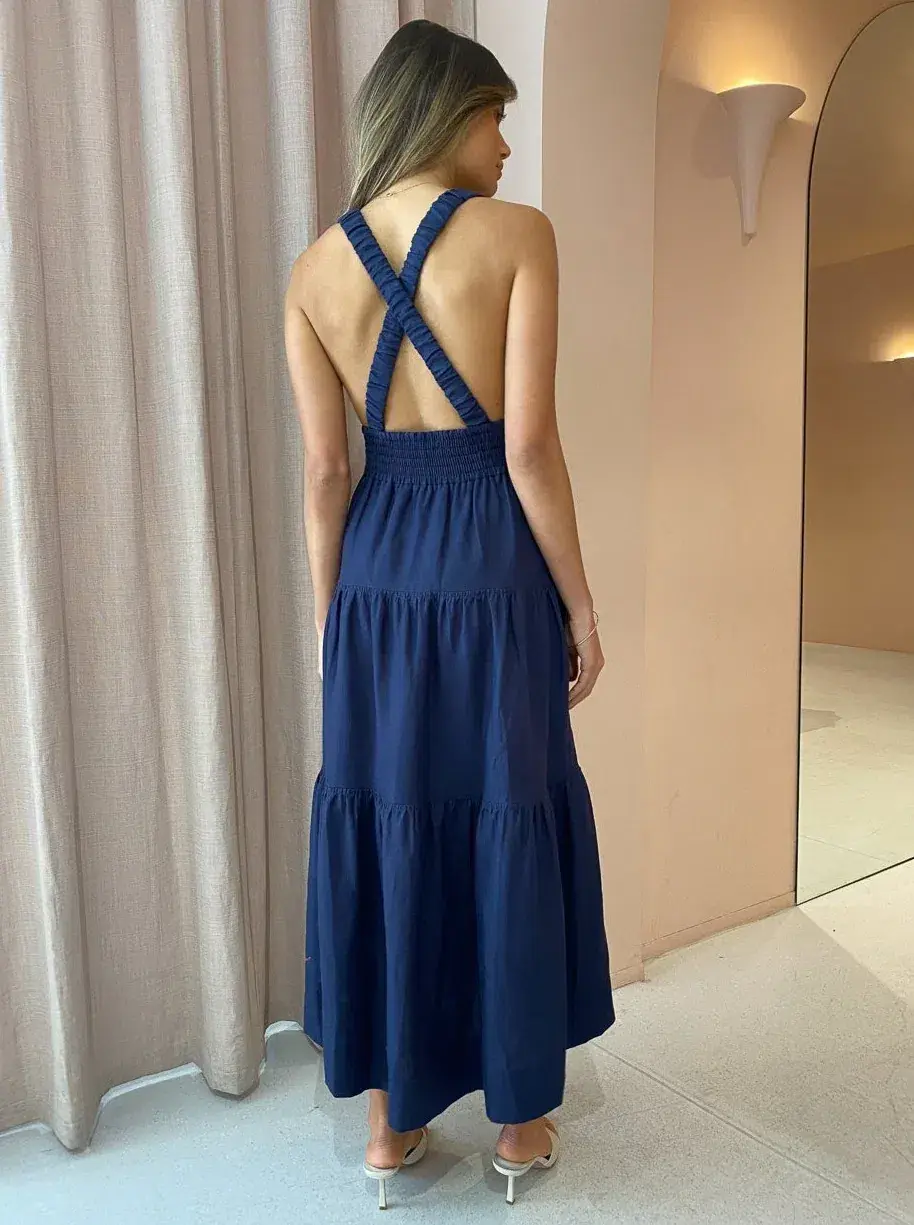 Shona Joy Ligia Linen Plunged Cross back Midi Dress Navy Size 8 - Image 5