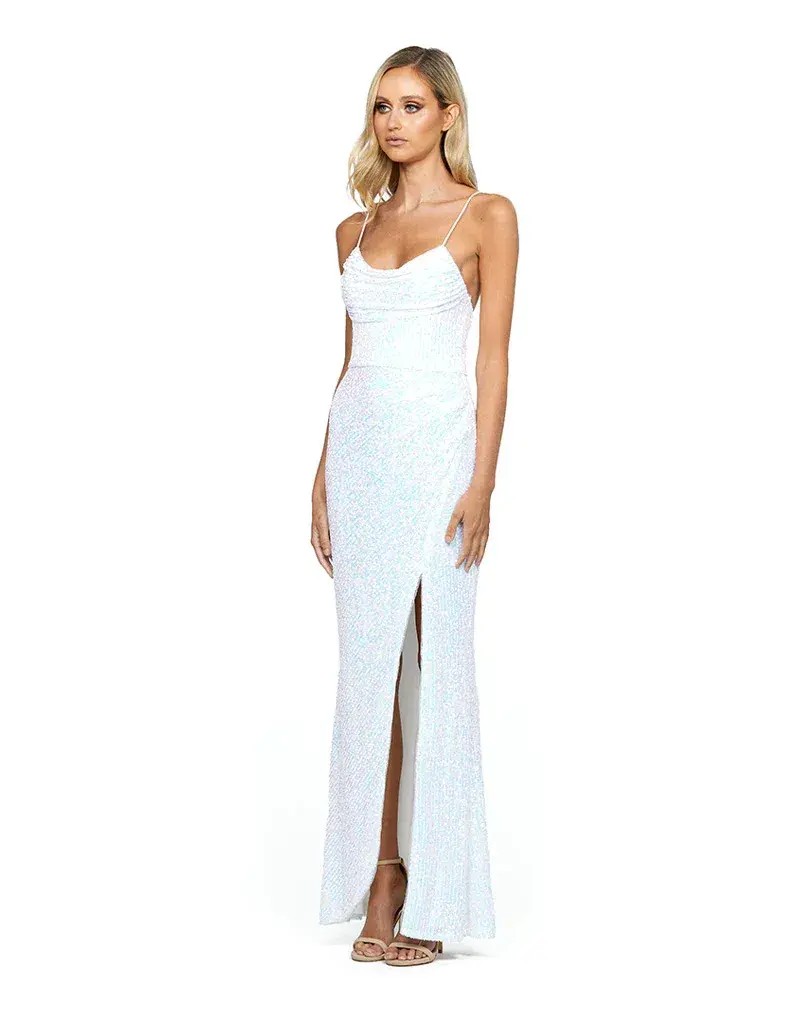 Bariano Dua Cowl Maxi Dress Iridescent White Size 14 - Image 2
