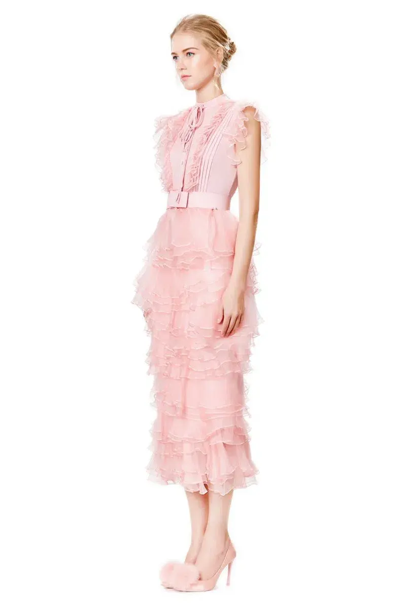 Ivan Young Silk Ruffles Tiered Midi Dress Pink Size 8 for rent on The Volte - main image