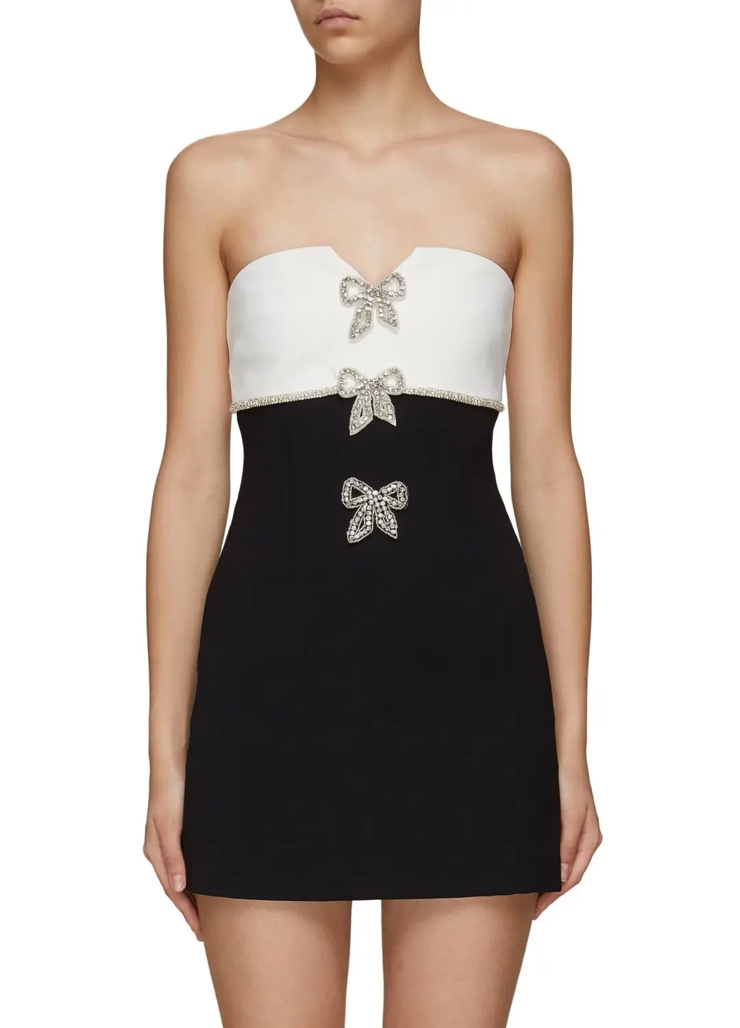 Self Portrait Crystal Embellished Bow Applique Mini Tube Dress Black/White Size 10  for rent on The Volte - main image