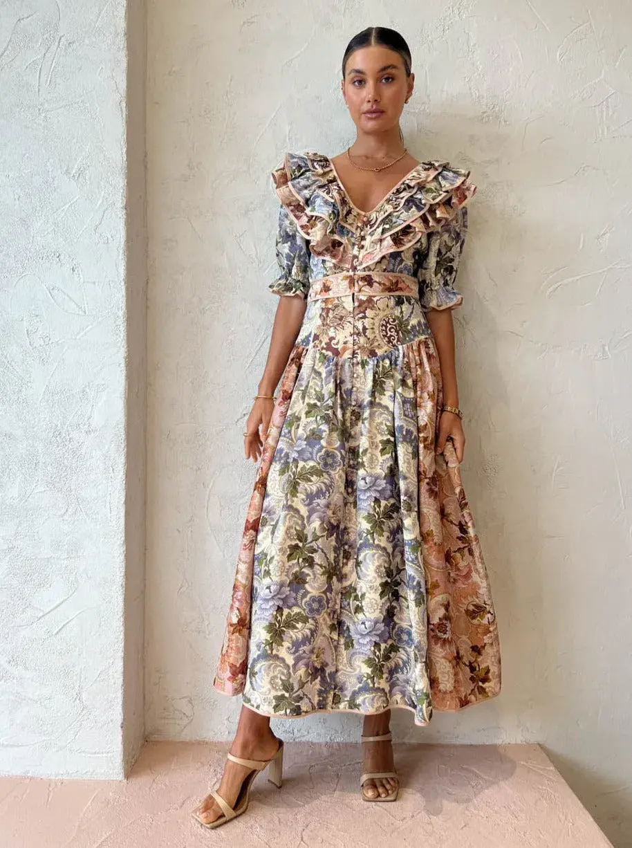 Alemais Phillipa Ruffle Neck Midi Dress Floral Size 14 - Image 1