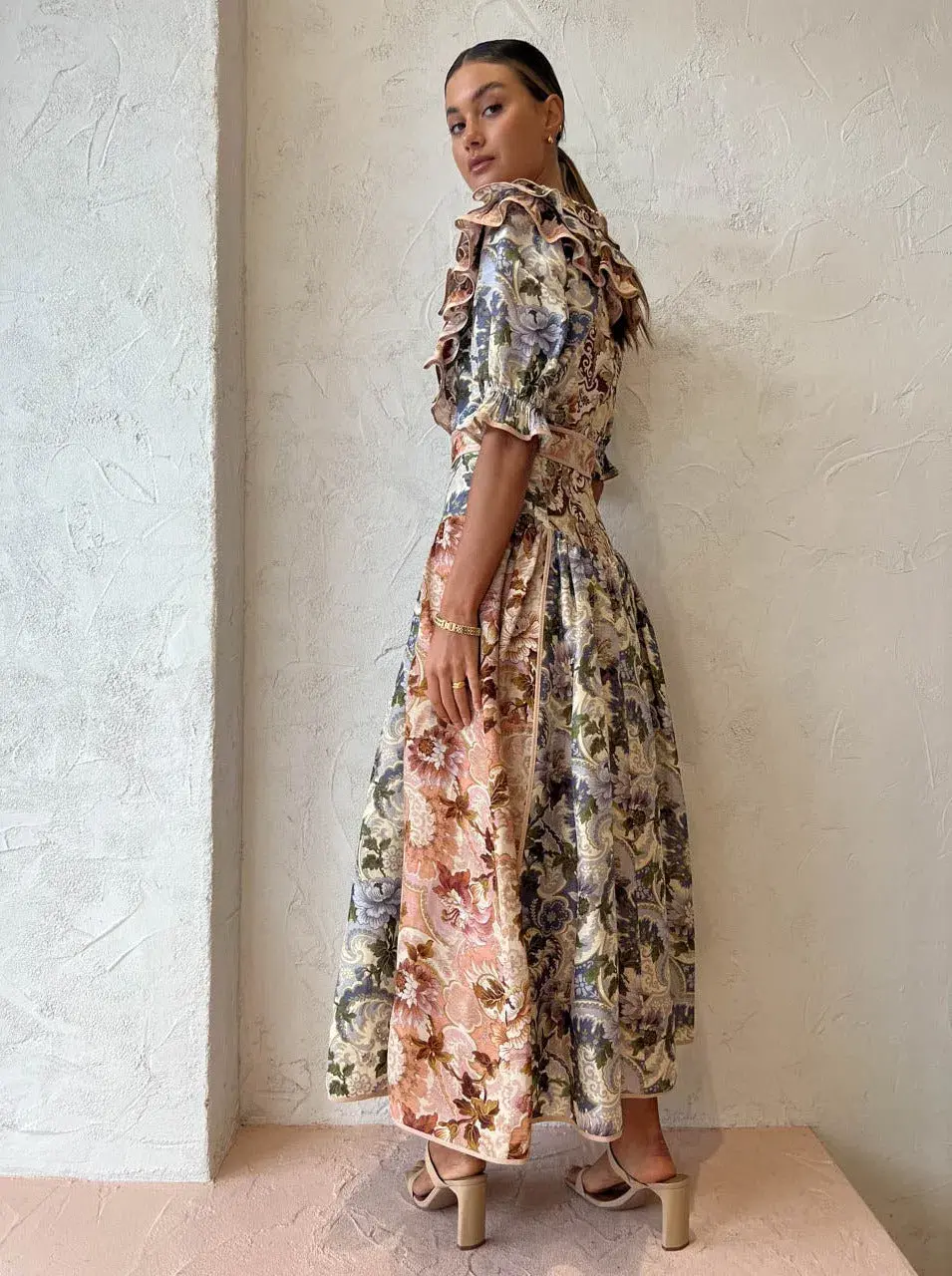 Alemais Phillipa Ruffle Neck Midi Dress Floral Size 14 for rent on The Volte - main image