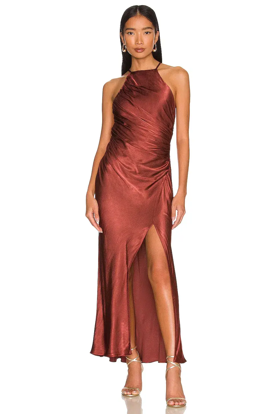 Shona Joy Thalia Gathered Square Neck Bias Midi Dress in Sangria Brown Size 8 - Image 1