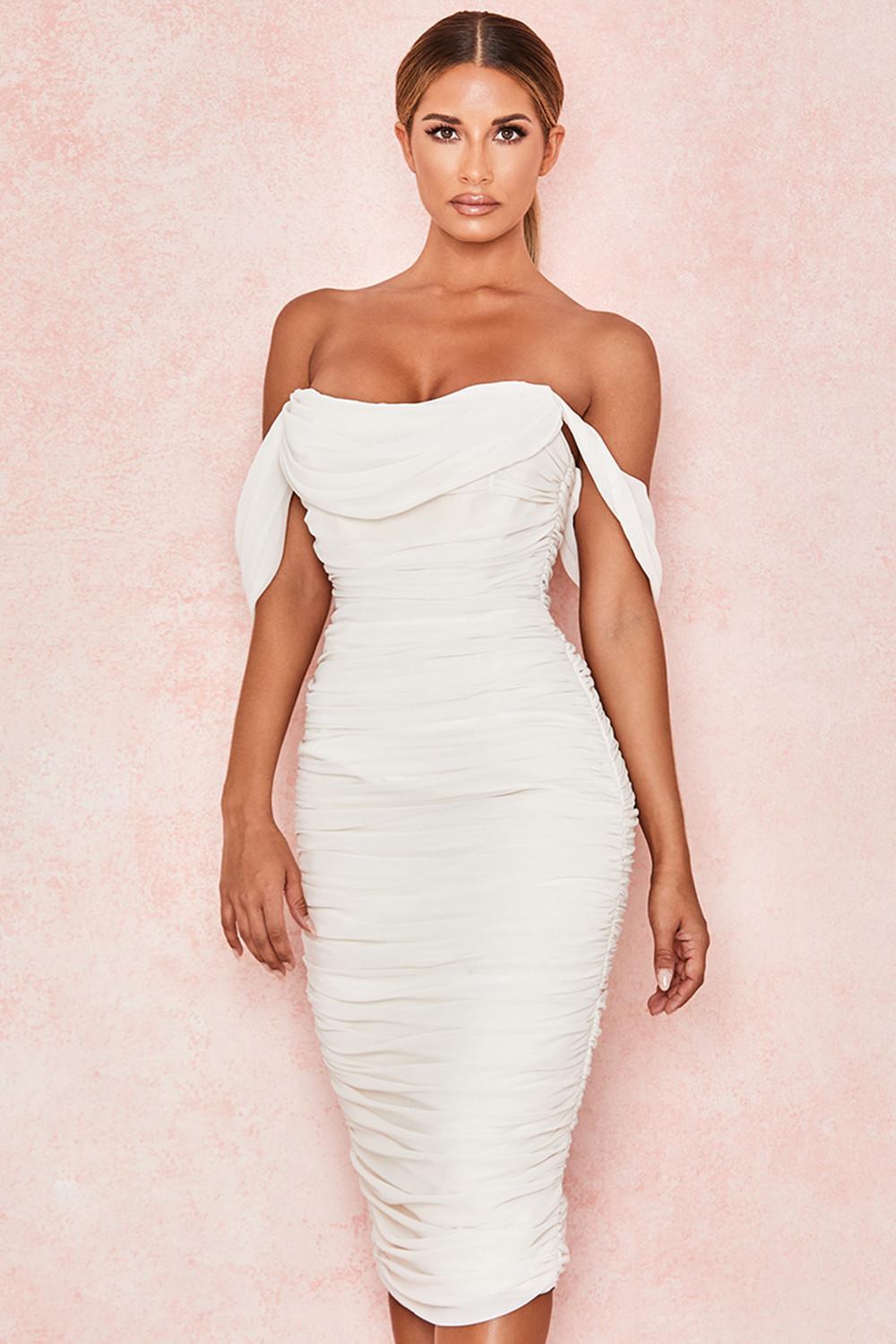 House of CB Carlotta Ruched Draped Chiffon Dress Ivory Size 8 - Image 2