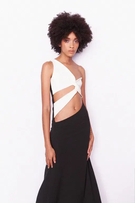 Aaizél Cut Out One Shoulder Maxi Dress Black/White Size 6 for rent on The Volte - main image